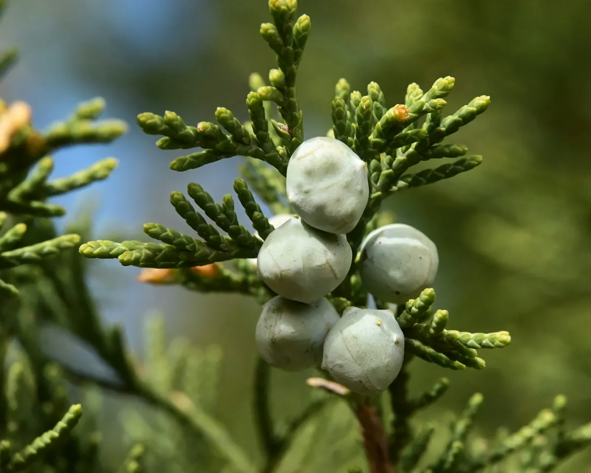 Ripening blue-grey juniper berries among scale-like evergreen foliage