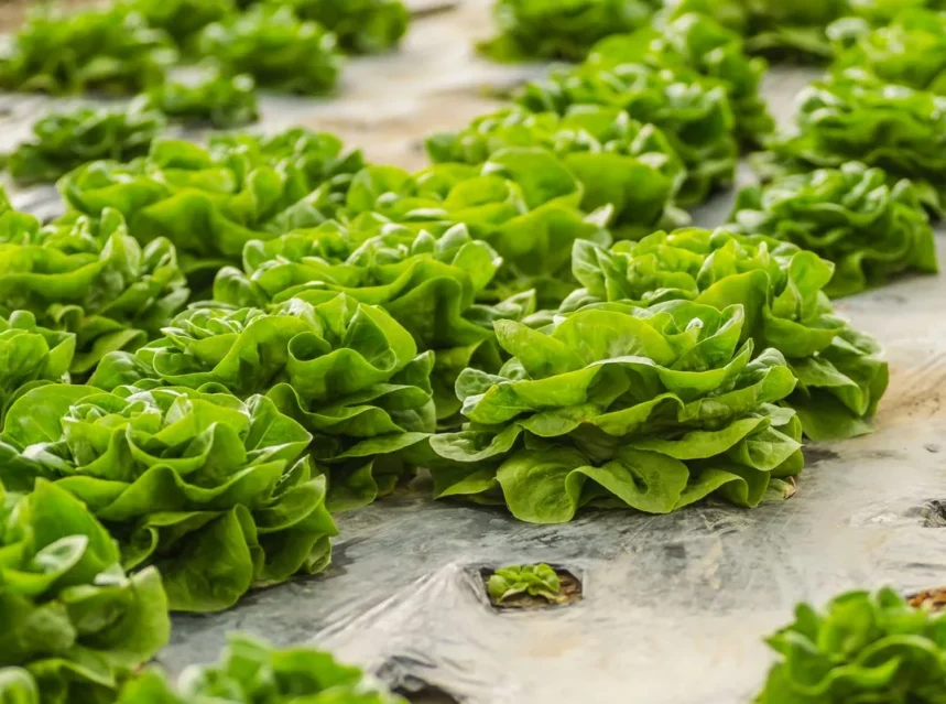 Rows of butterhead lettuce heads with soft cupped leaves growing in a sunlit field