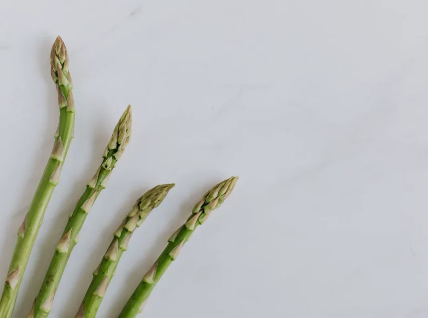 Asparagus seeds — four green asparagus spears with tight purple-tinged tips arranged on a white marble surface