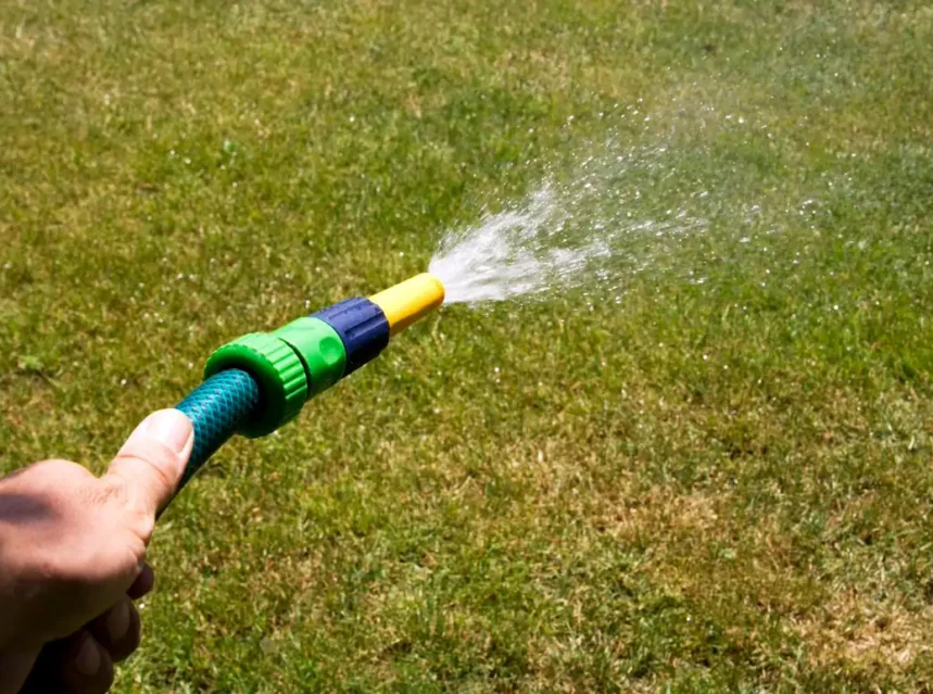 Gardener spraying water across a lawn with a hose and click-fit nozzle