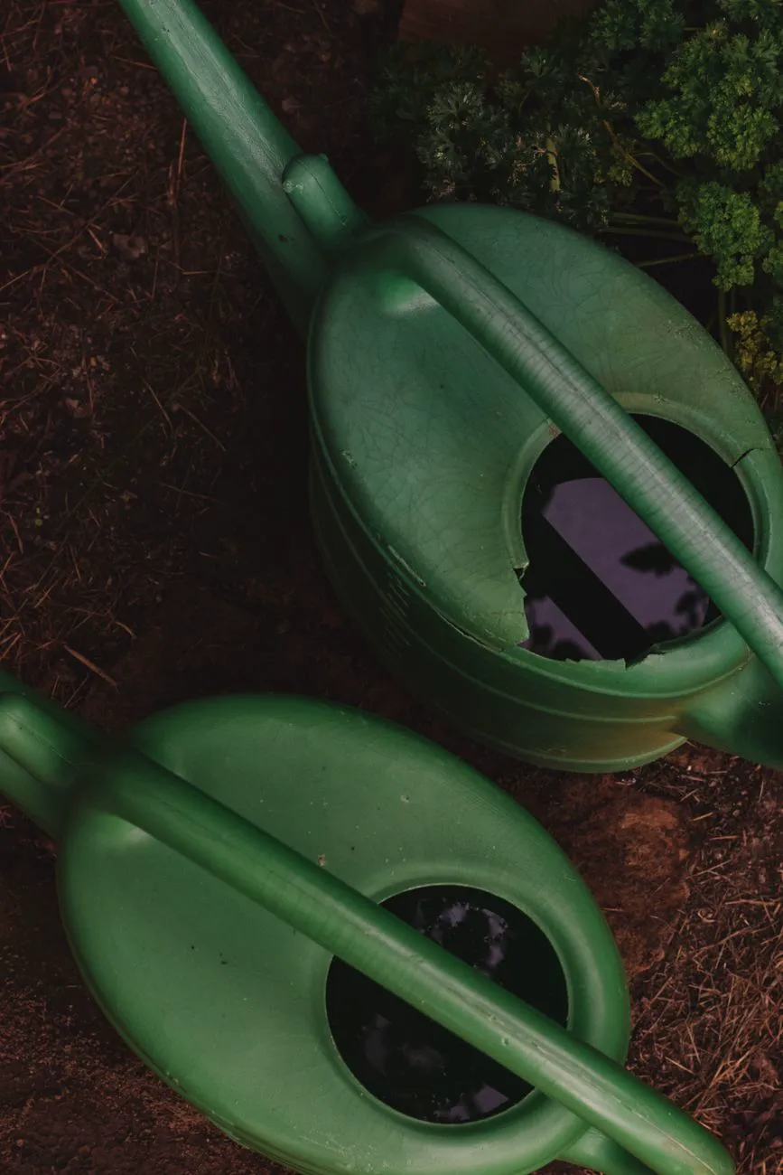 Green watering cans filled with liquid plant feed