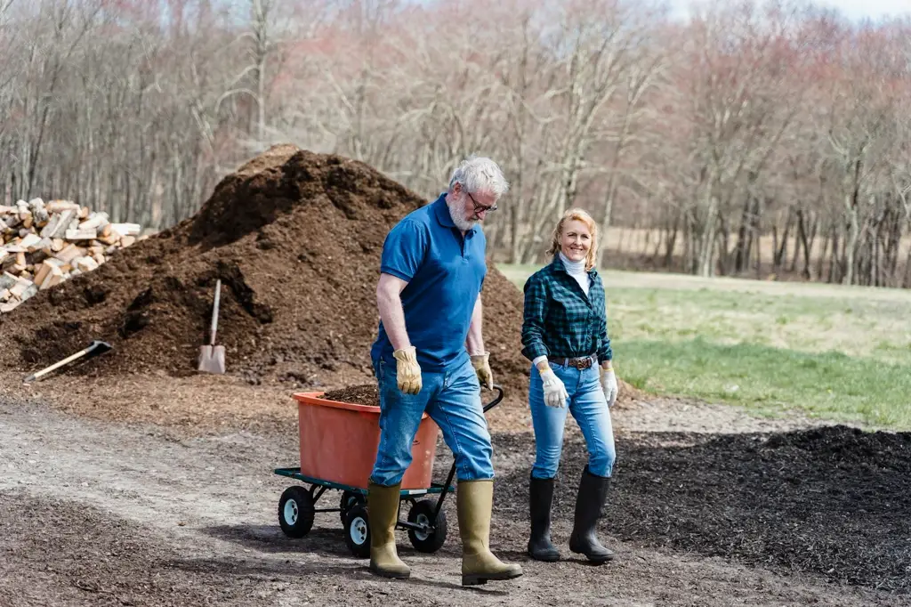 Gardeners with a cart beside a large compost pile.