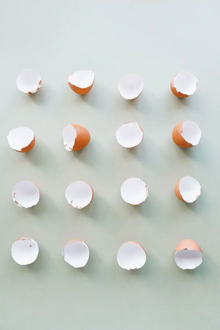 Cracked brown eggshell halves arranged on a pale surface.
