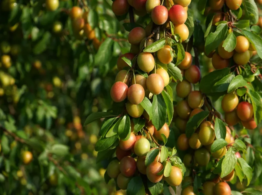 Branches crowded with small yellow mirabelle plums blushed red in sunlight