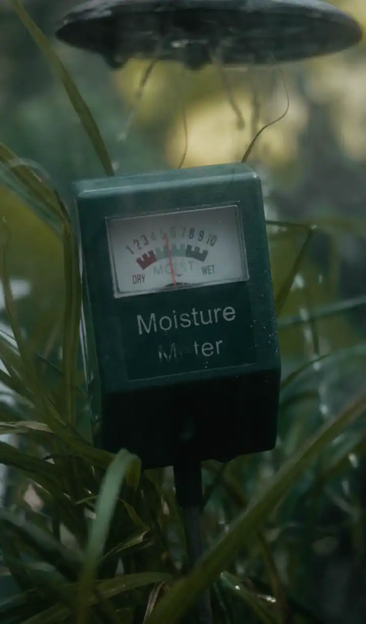 A dial soil moisture meter reading moist while probing garden soil