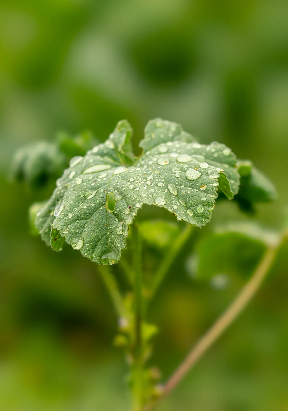 The rounded, lobed leaf of a mallow plant beaded with dew