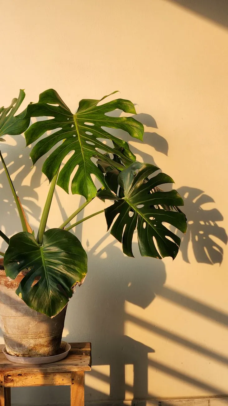 Mature monstera in a pot with large fenestrated leaves in bright light