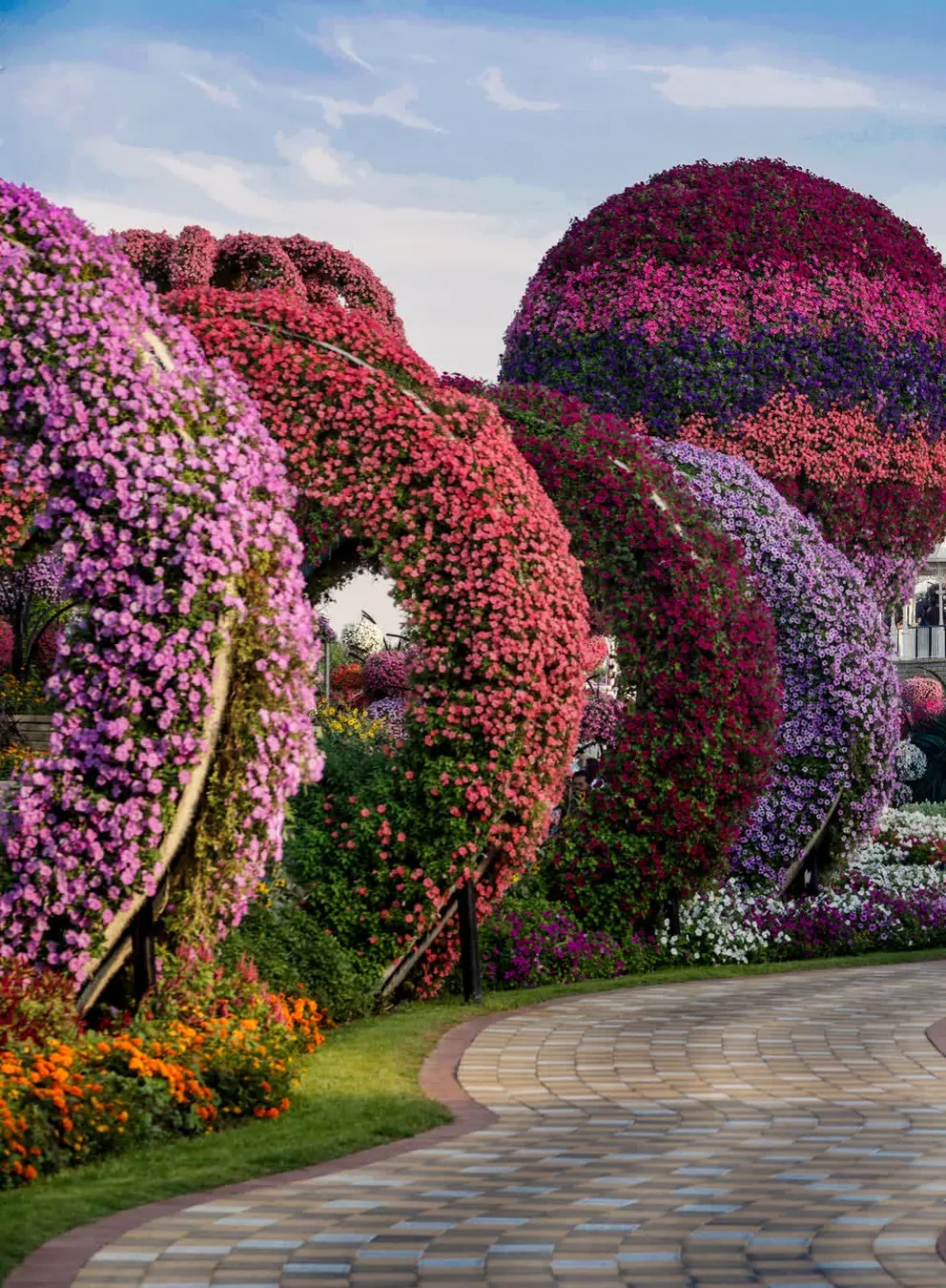 Curving paved walkway running beneath tall arches and domes covered in pink and purple trailing petunias