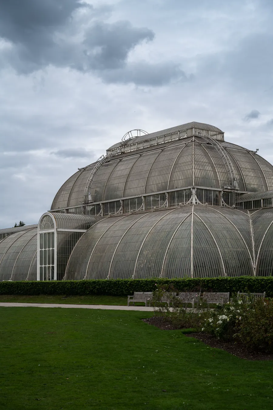 Curved wrought-iron and glass Victorian glasshouse behind a clipped hedge and lawn
