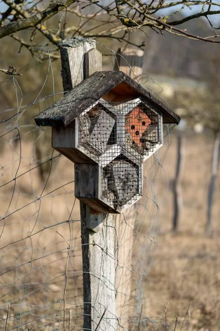 Bee house mounted firmly on a wooden post in an orchard before blossom