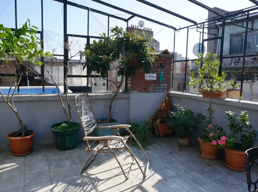 Potted trees and flowering plants on a covered rooftop terrace under monsoon-season netting