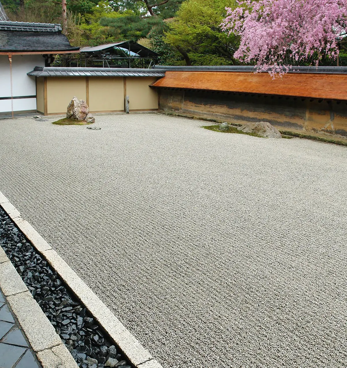 Wide view of the Ryoan-ji rock garden, a rectangle of raked gravel enclosed by a low ochre clay wall