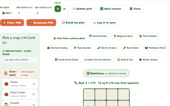 The Garden Bed Planner lets you design your beds and borders — drag in crops, get spacing right, and plan a layout that actually fits your plot.