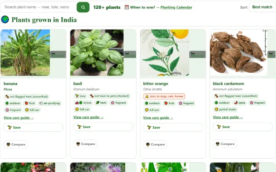 Plant Finder result cards — search 42,000+ plants