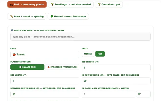 The Plant Spacing & Seed-rate Calculator tells you exactly how many plants fit in your bed and how much seed you need — no waste, no overcrowding.