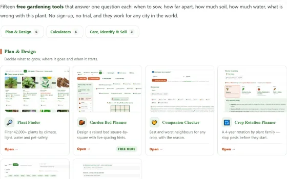 Every Gardening Guider tool in one place — plant search, diagnosis, calendars and calculators. Free to use, worldwide.